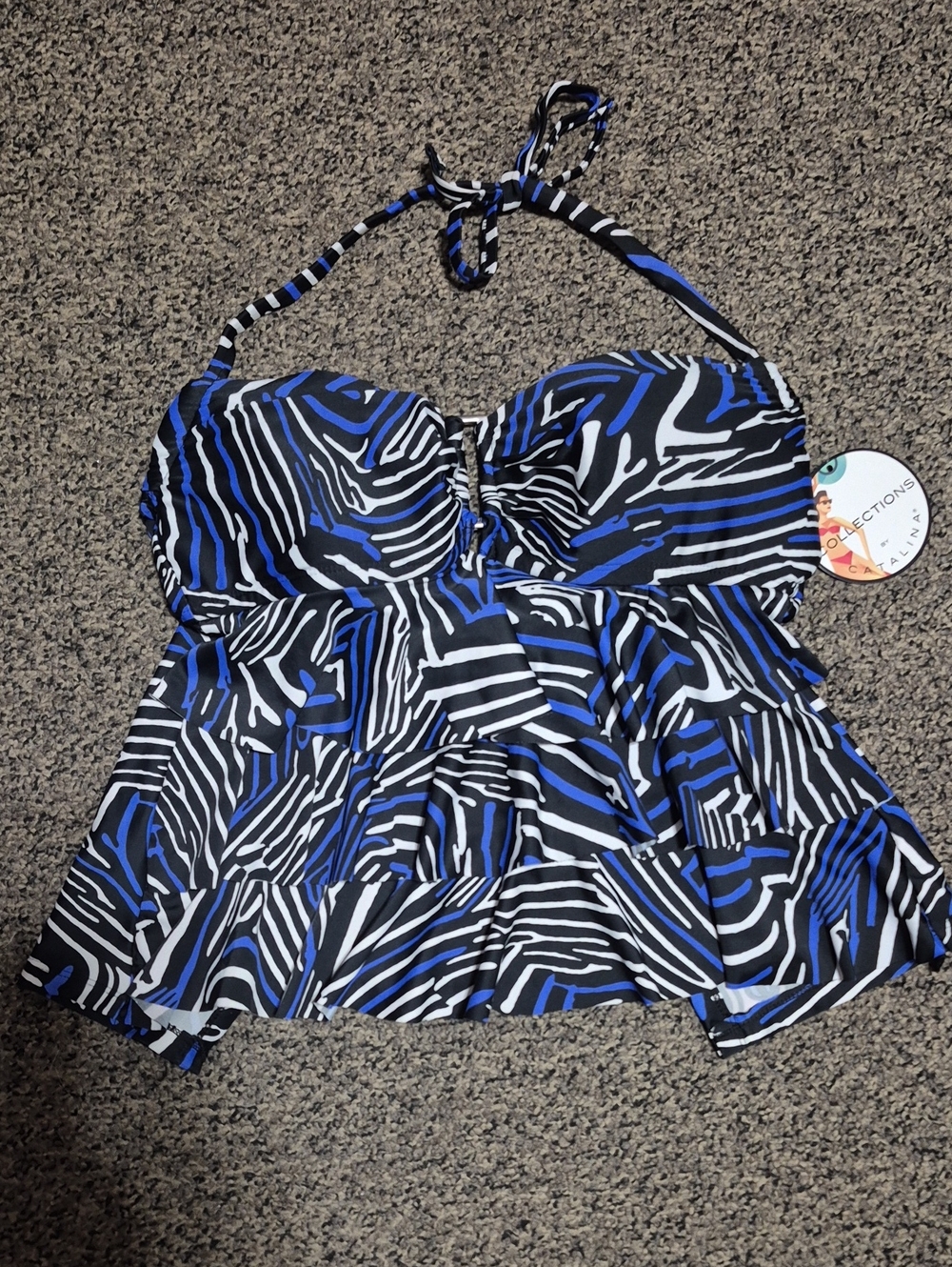 Catalina Blue, Black & White Zebra-Print Camisole Tankini Top
